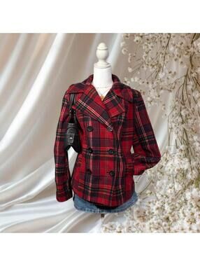 OLD NAVY Y2K PLAID DOUBLE BREASTED PEACOAT RED